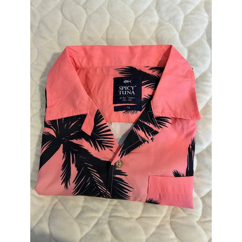 Spicy Tuna Palm Tree Hawaiian Shirt Tropical Resort Wear Pink‎ Black Size 14